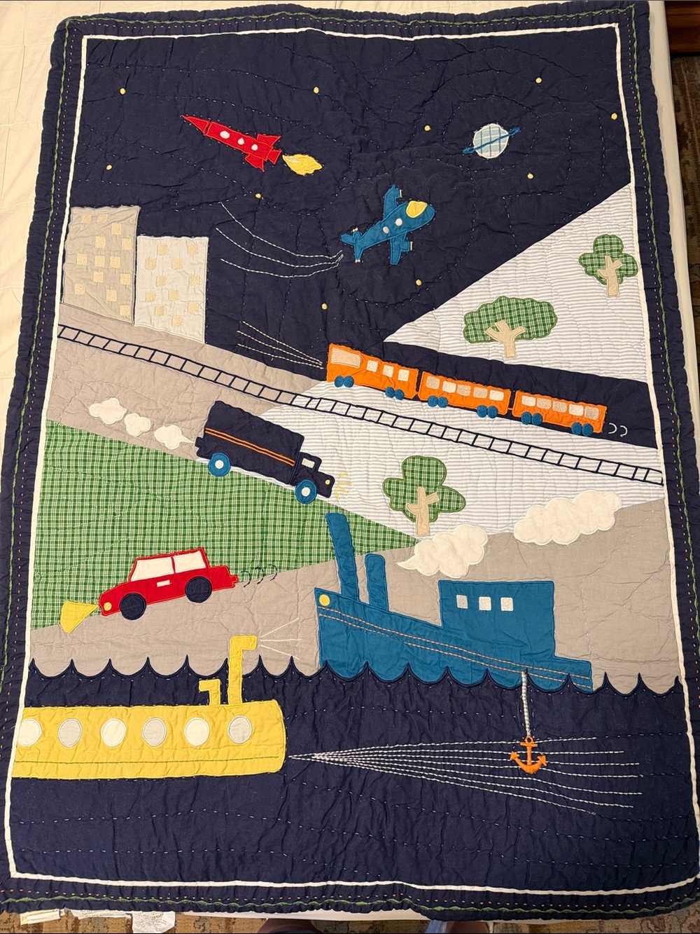 Kids Navy Transportation Play Quilt - Blue, Yellow, Red